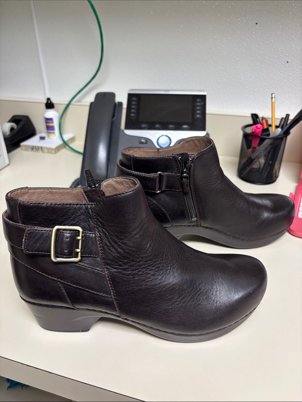 Dansko Dark Brown Leather Ankle Booties with Side Buckle